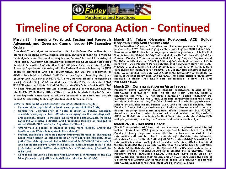 Timeline of Corona Action - Continued March 23 – Hoarding Prohibited, Testing and Research