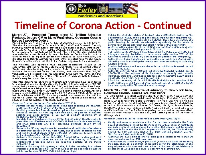 Timeline of Corona Action - Continued March 27 - President Trump signs $2 Trillion