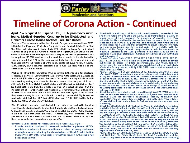Timeline of Corona Action - Continued April 7 – Request to Expand PPP, SBA