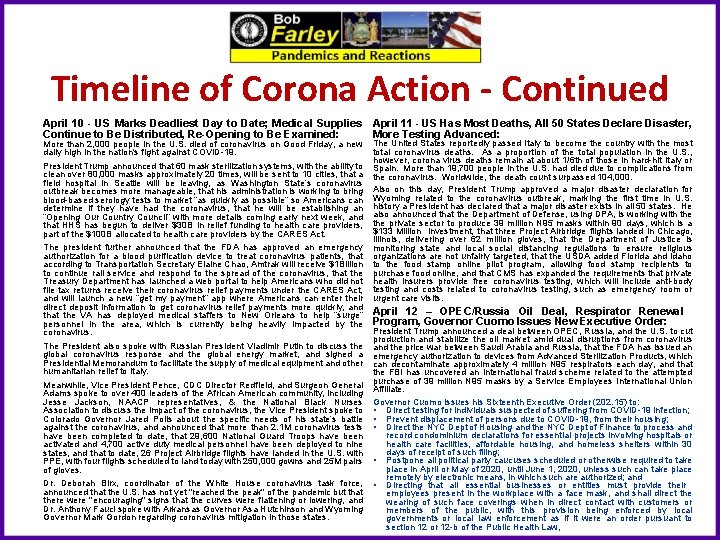 Timeline of Corona Action - Continued April 10 - US Marks Deadliest Day to