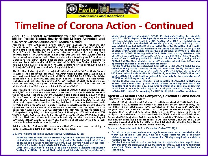 Timeline of Corona Action - Continued April 17 – Federal Government to Help Farmers,
