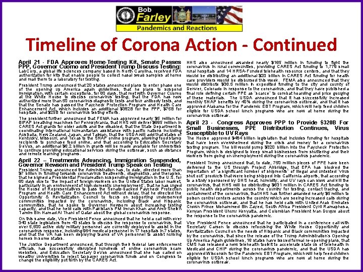 Timeline of Corona Action - Continued April 21 - FDA Approves Home-Testing Kit, Senate