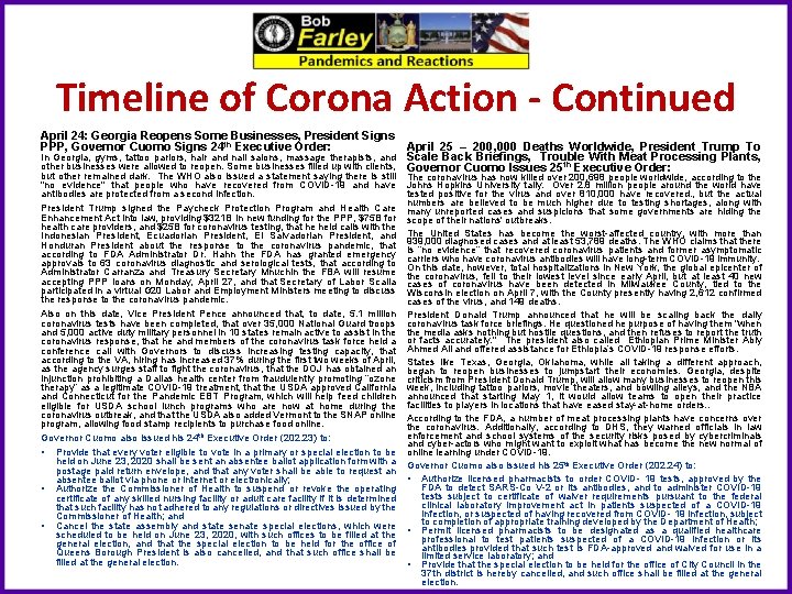 Timeline of Corona Action - Continued April 24: Georgia Reopens Some Businesses, President Signs