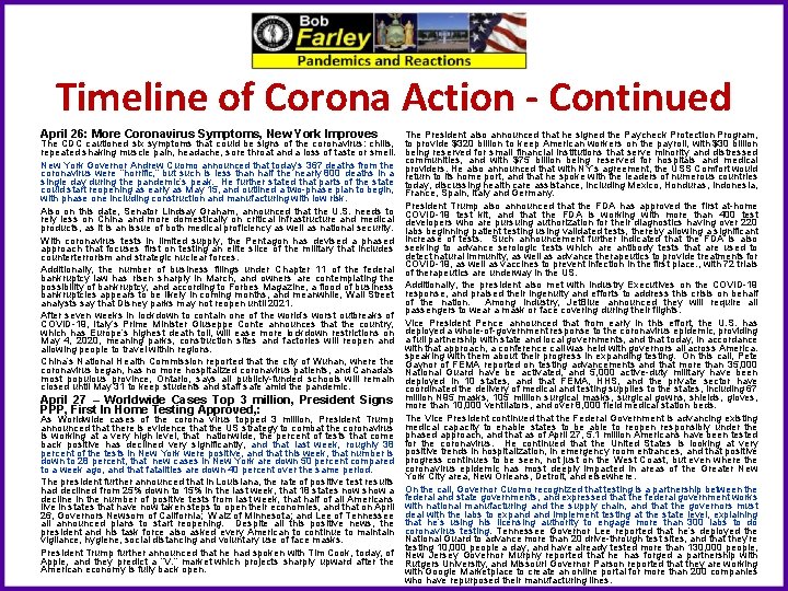 Timeline of Corona Action - Continued April 26: More Coronavirus Symptoms, New York Improves