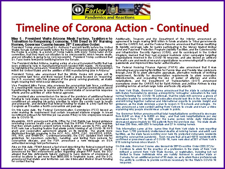 Timeline of Corona Action - Continued May 5 - President Visits Arizona Mask Factory,