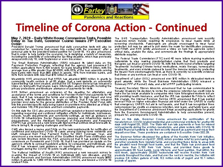 Timeline of Corona Action - Continued May 7, 2020 – Daily White House Coronavirus