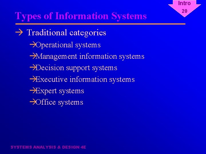 Intro Types of Information Systems à Traditional categories àOperational systems àManagement information systems àDecision