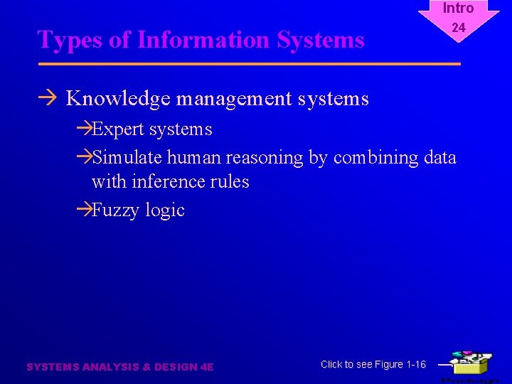 Intro Types of Information Systems 24 à Knowledge management systems àExpert systems àSimulate human