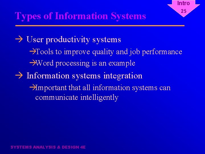 Intro Types of Information Systems 25 à User productivity systems àTools to improve quality