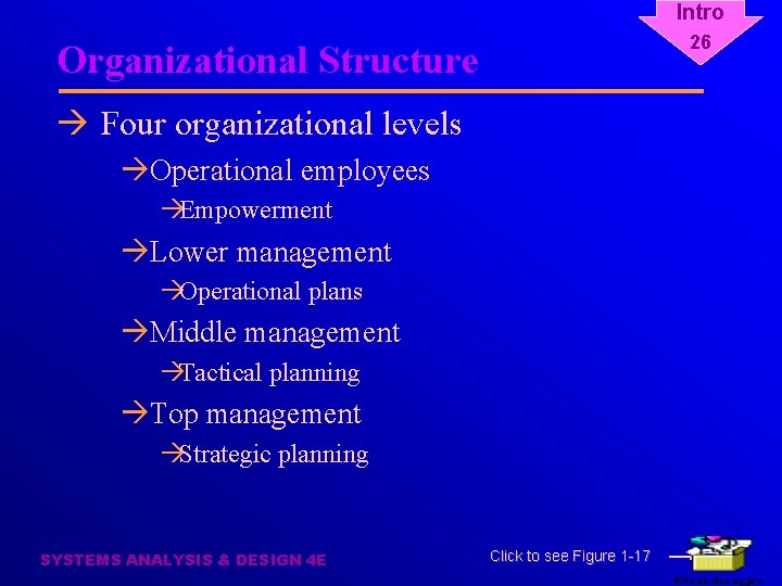 Intro 26 Organizational Structure à Four organizational levels àOperational employees àEmpowerment àLower management àOperational