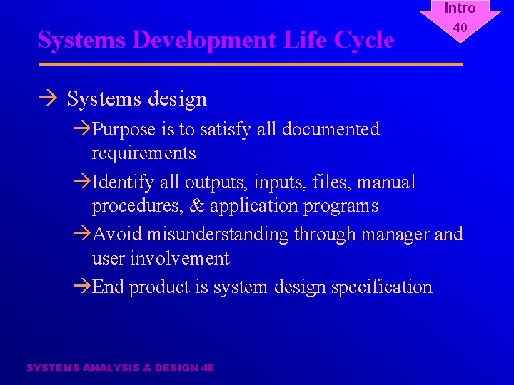Intro Systems Development Life Cycle 40 à Systems design àPurpose is to satisfy all