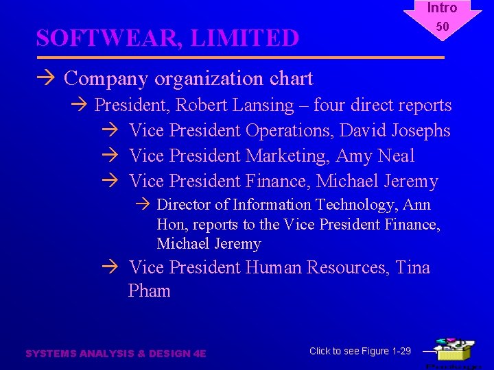 Intro 50 SOFTWEAR, LIMITED à Company organization chart à President, Robert Lansing – four