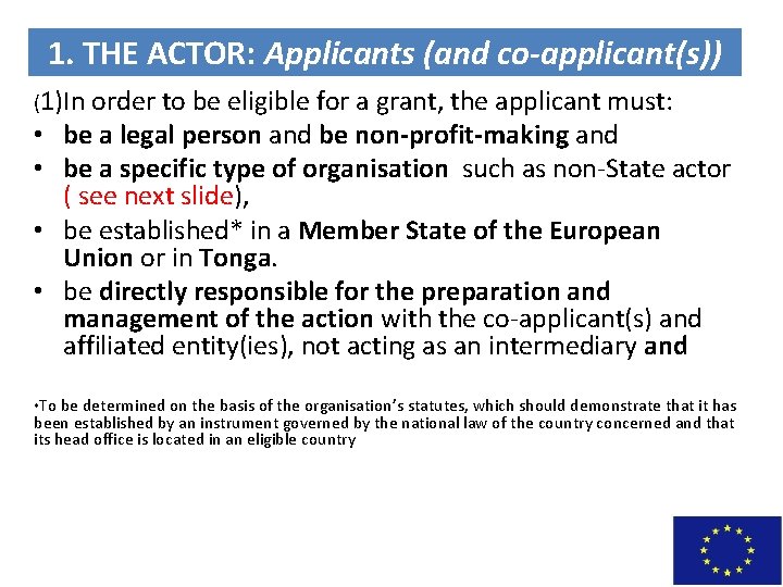 1. THE ACTOR: Applicants (and co-applicant(s)) (1)In order to be eligible for a grant,