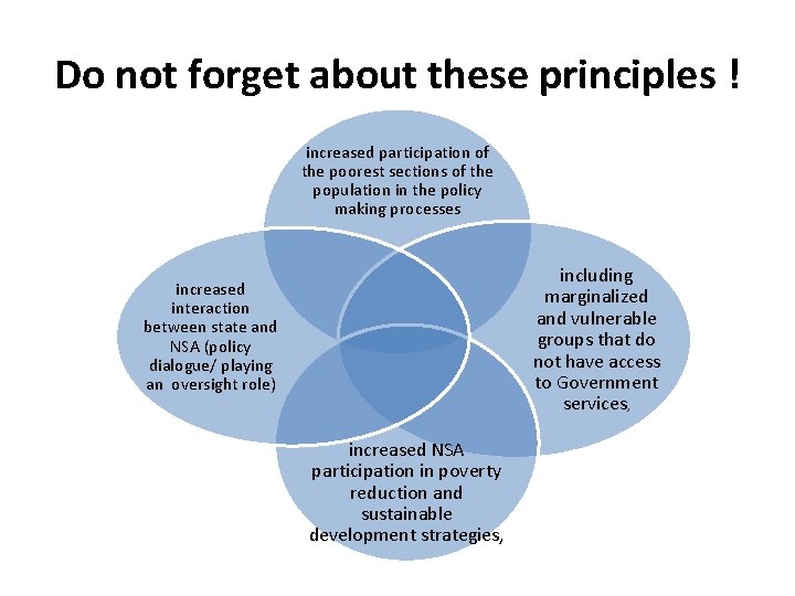 Do not forget about these principles ! increased participation of the poorest sections of