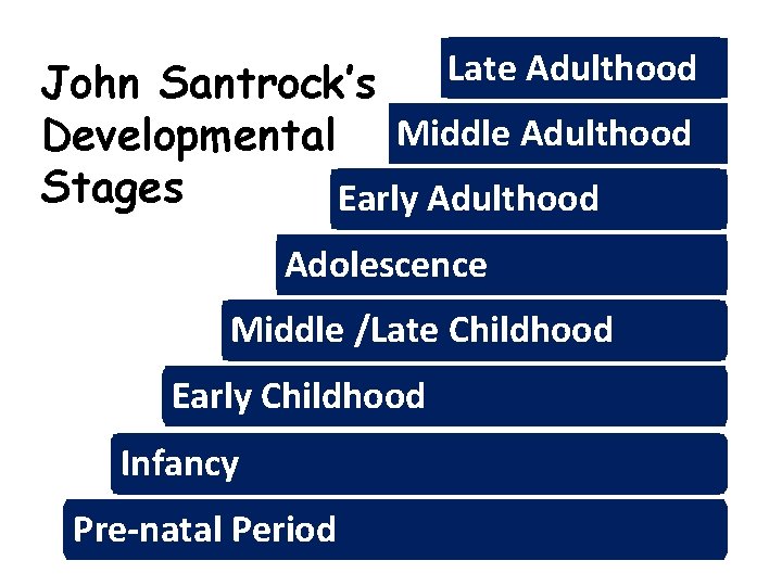 Late Adulthood John Santrock’s Developmental Middle Adulthood Stages Early Adulthood Adolescence Middle /Late Childhood