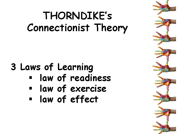 THORNDIKE’s Connectionist Theory 3 Laws of § law Learning of readiness of exercise of