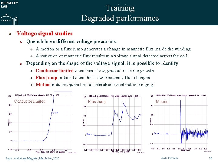 Training Degraded performance Voltage signal studies Quench have different voltage precursors. A motion or