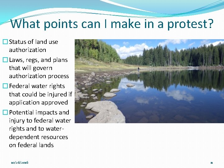 What points can I make in a protest? �Status of land use authorization �Laws,