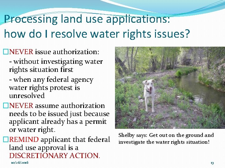 Processing land use applications: how do I resolve water rights issues? �NEVER issue authorization: