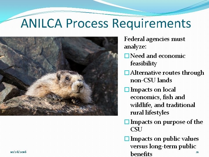 ANILCA Process Requirements 10/26/2016 Federal agencies must analyze: �Need and economic feasibility �Alternative routes