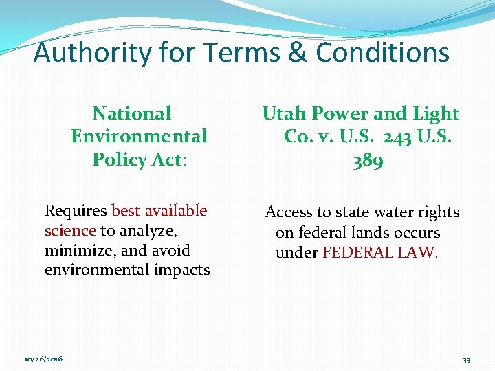 Authority for Terms & Conditions National Environmental Policy Act: Utah Power and Light Co.