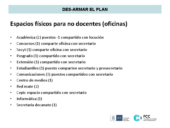 DES-ARMAR EL PLAN Espacios físicos para no docentes (oficinas) • • • Académica (2)