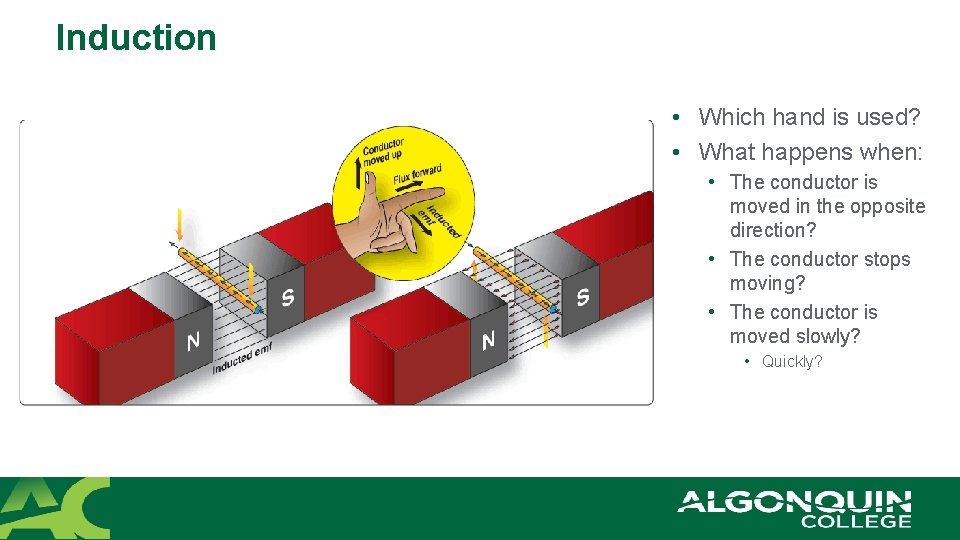 Induction • Which hand is used? • What happens when: • The conductor is