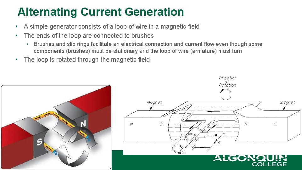 Alternating Current Generation • A simple generator consists of a loop of wire in