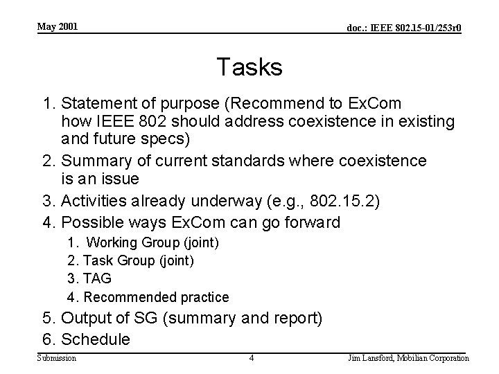 May 2001 doc. : IEEE 802. 15 -01/253 r 0 Tasks 1. Statement of