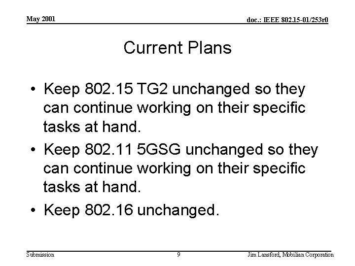 May 2001 doc. : IEEE 802. 15 -01/253 r 0 Current Plans • Keep