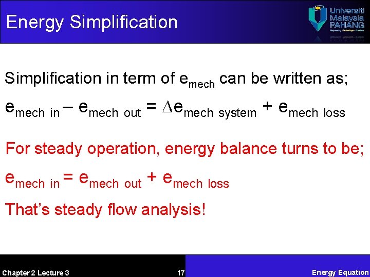 Energy Simplification in term of emech can be written as; emech in – emech