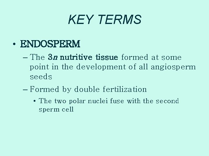 KEY TERMS • ENDOSPERM – The 3 n nutritive tissue formed at some point