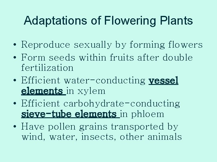 Adaptations of Flowering Plants • Reproduce sexually by forming flowers • Form seeds within