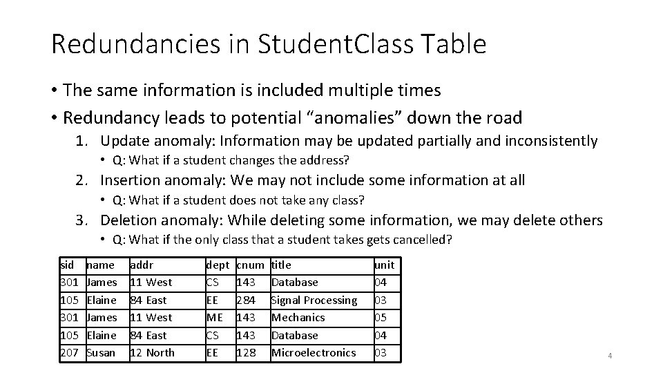 Redundancies in Student. Class Table • The same information is included multiple times •