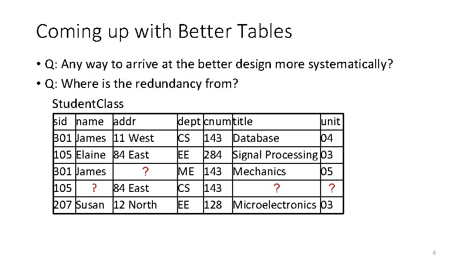 Coming up with Better Tables • Q: Any way to arrive at the better