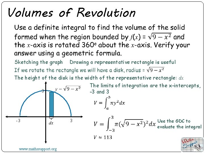 Volumes of Revolution Sketching the graph Drawing a representative rectangle is useful The height