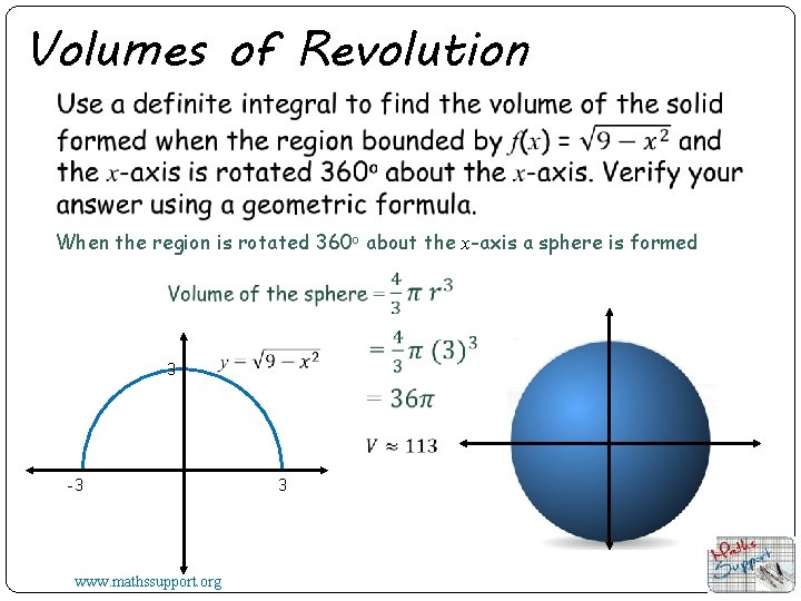 Volumes of Revolution When the region is rotated 360 o about the x-axis a