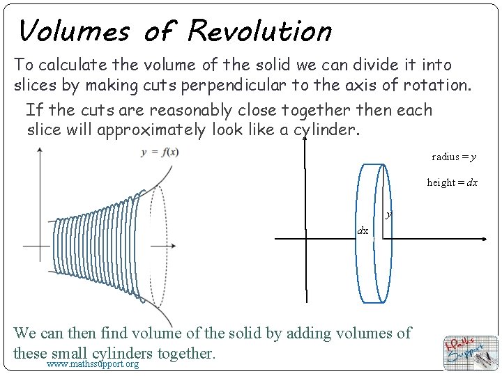 Volumes of Revolution To calculate the volume of the solid we can divide it