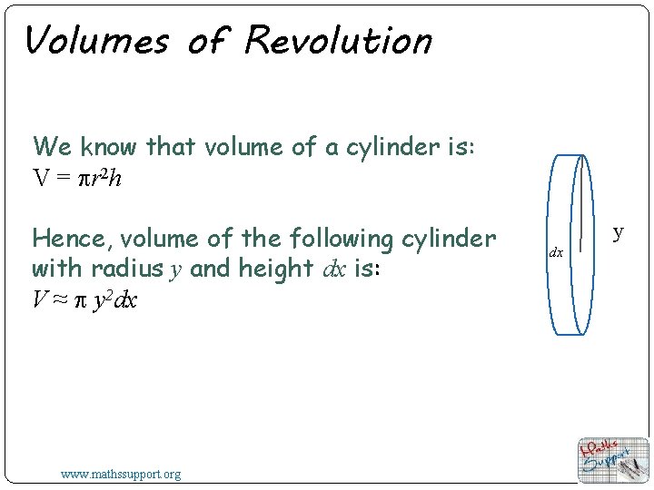 Volumes of Revolution We know that volume of a cylinder is: V = pr