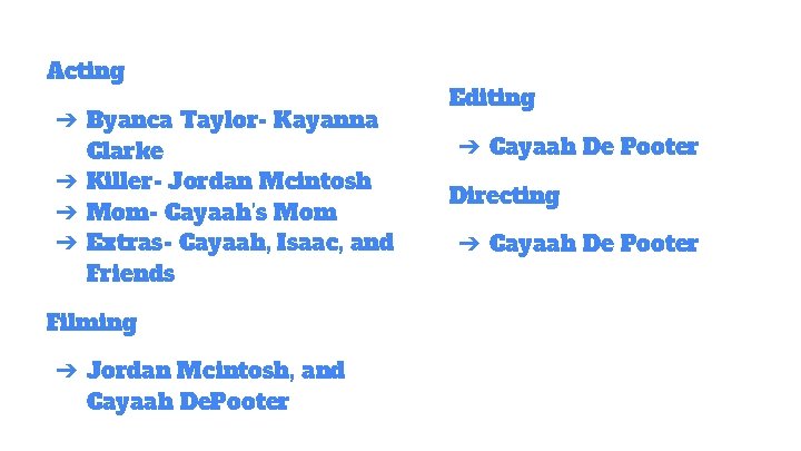 Acting ➔ Byanca Taylor- Kayanna Clarke ➔ Killer- Jordan Mcintosh ➔ Mom- Cayaah’s Mom