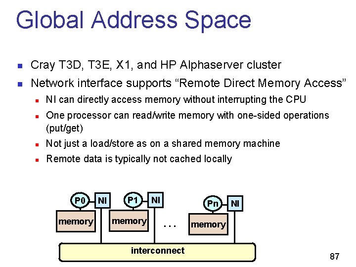 Global Address Space n Cray T 3 D, T 3 E, X 1, and