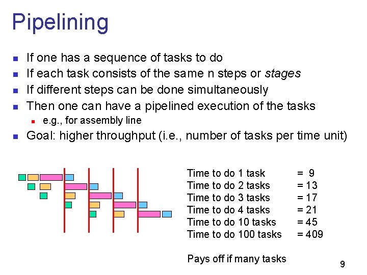 Pipelining n n If one has a sequence of tasks to do If each