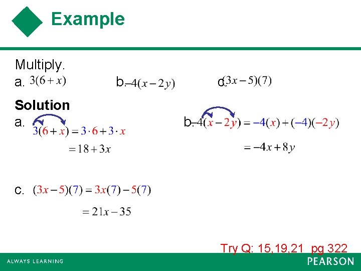 Example Multiply. a. Solution a. b. c. Try Q: 15, 19, 21 pg 322