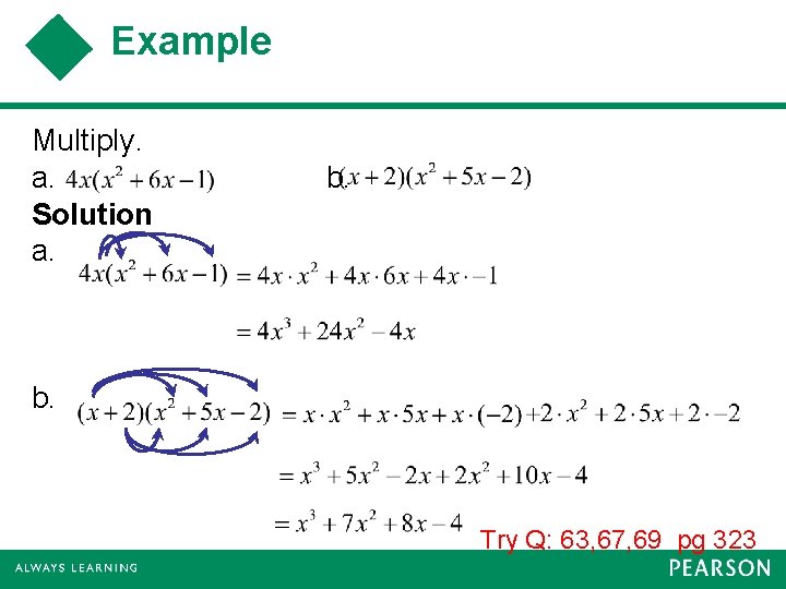 Example Multiply. a. Solution a. b. Try Q: 63, 67, 69 pg 323 