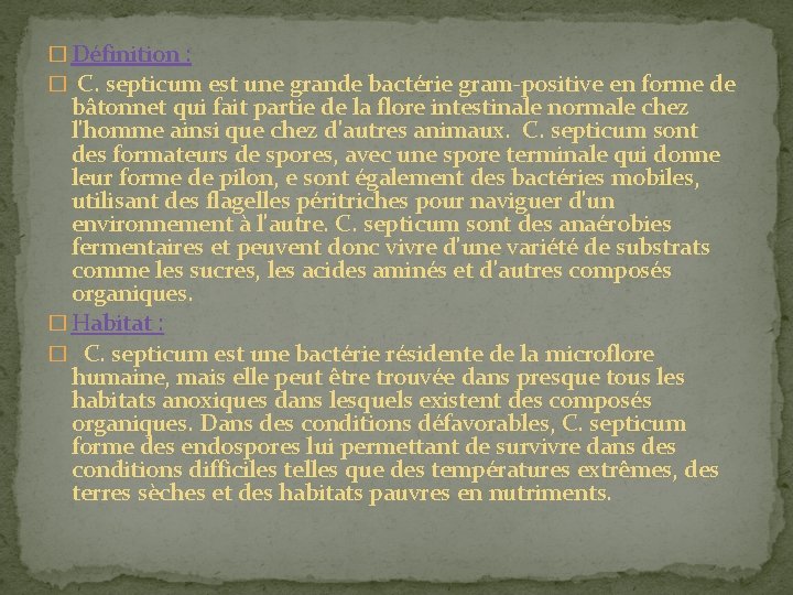 � Définition : � C. septicum est une grande bactérie gram-positive en forme de