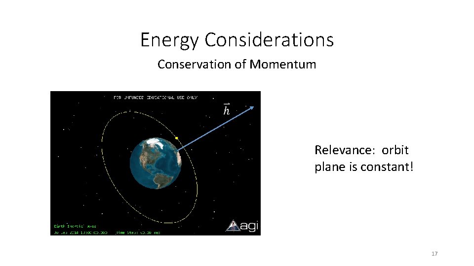 Energy Considerations Conservation of Momentum Relevance: orbit plane is constant! 17 