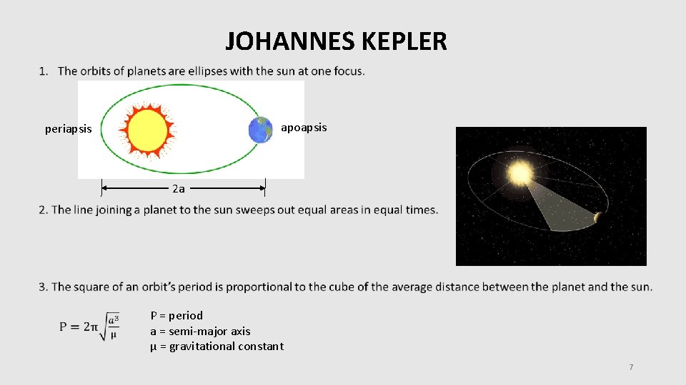 JOHANNES KEPLER apoapsis periapsis 2 a P = period a = semi-major axis μ