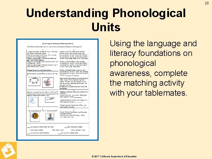 20 Understanding Phonological Units Using the language and literacy foundations on phonological awareness, complete