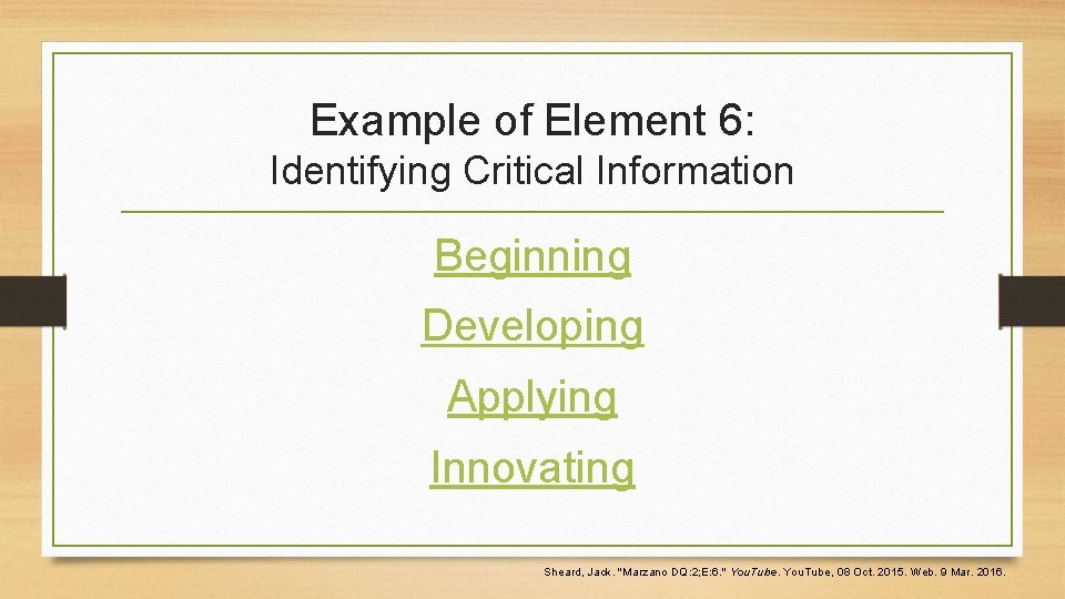 Example of Element 6: Identifying Critical Information Beginning Developing Applying Innovating Sheard, Jack. "Marzano