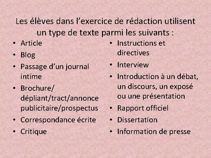 Les élèves dans l’exercice de rédaction utilisent un type de texte parmi les suivants